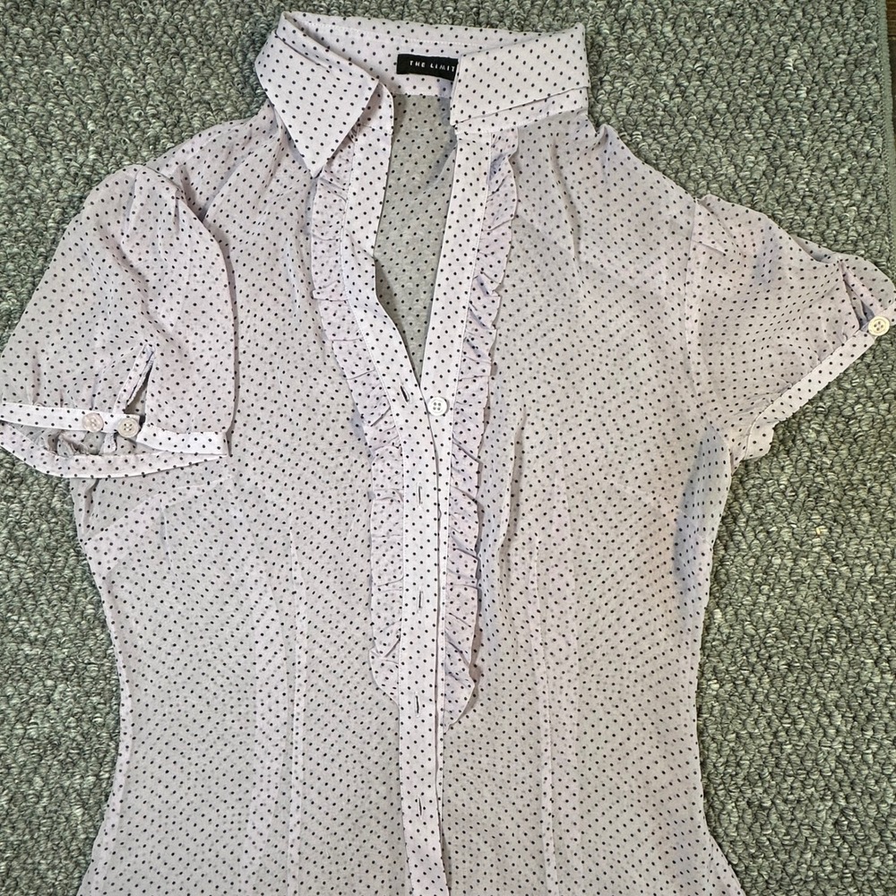 The Limited Lavender Polka Dot Ruffle Button Front Blouse Sheer Short Sleeve XS